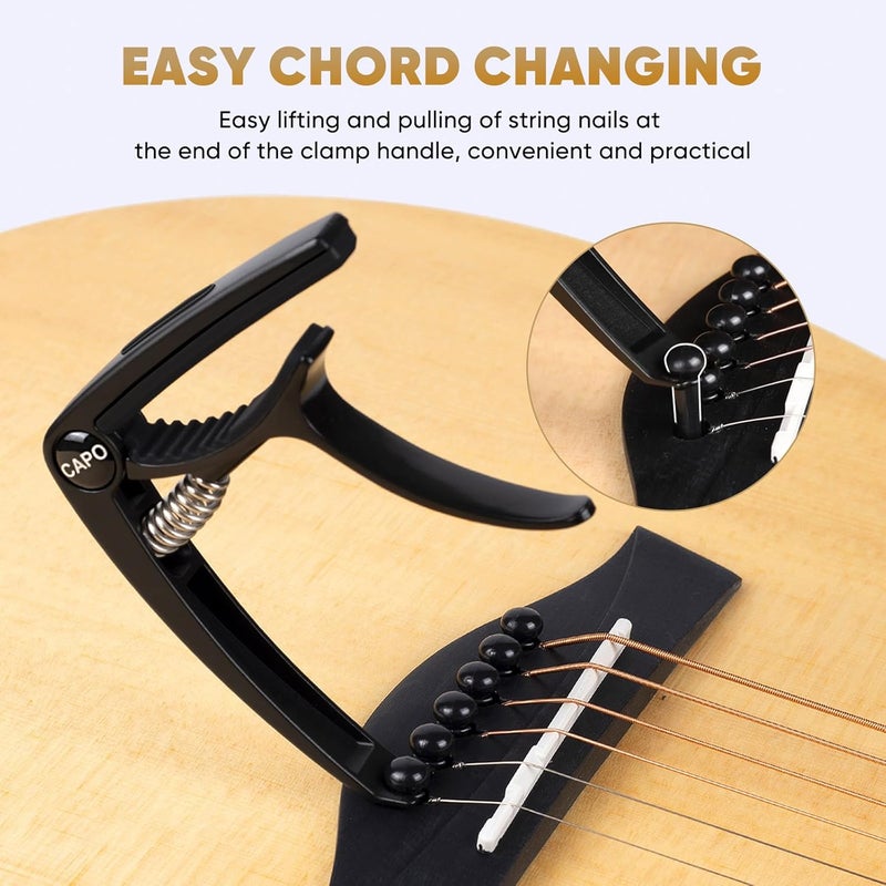 Aarvi Guitar Capo 6-String for Acoustic & Electric Guitars - Universal Clamp with 4 Premium Picks - Compatible with Ukulele, Banjo, Mandolin (Black) - Image 4